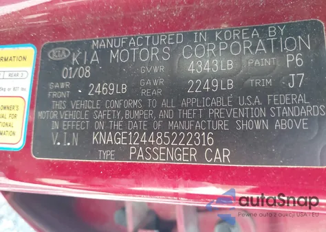 2008 Kia Optima Lx V6 из США, поврежденный, VIN KNAGE124485222316